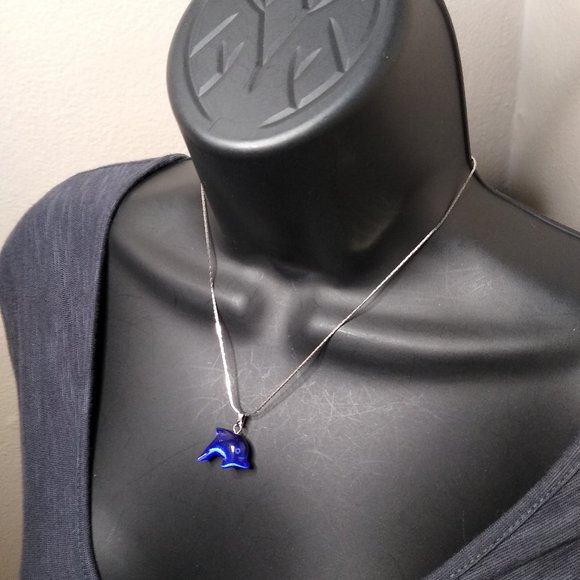 Glass Blue Dolphin Pendant Necklace 15.5 Inches - Picture 1 of 16